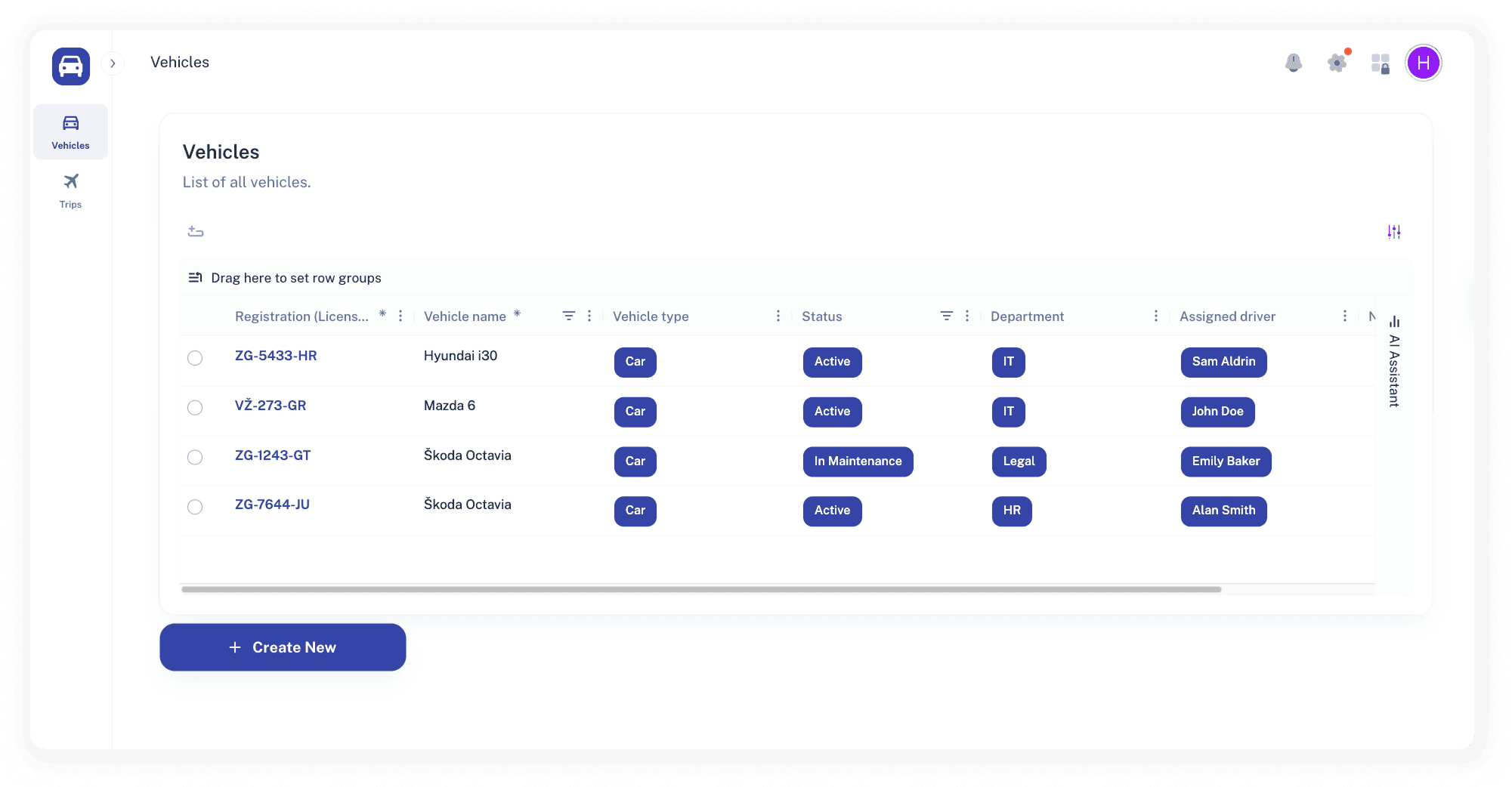 Fleet management application interface displaying vehicle details and trip tracking