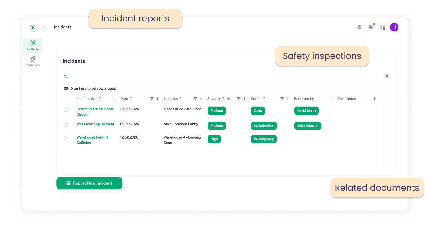 xHealth and safety management dashboard showing incident reports and safety inspections