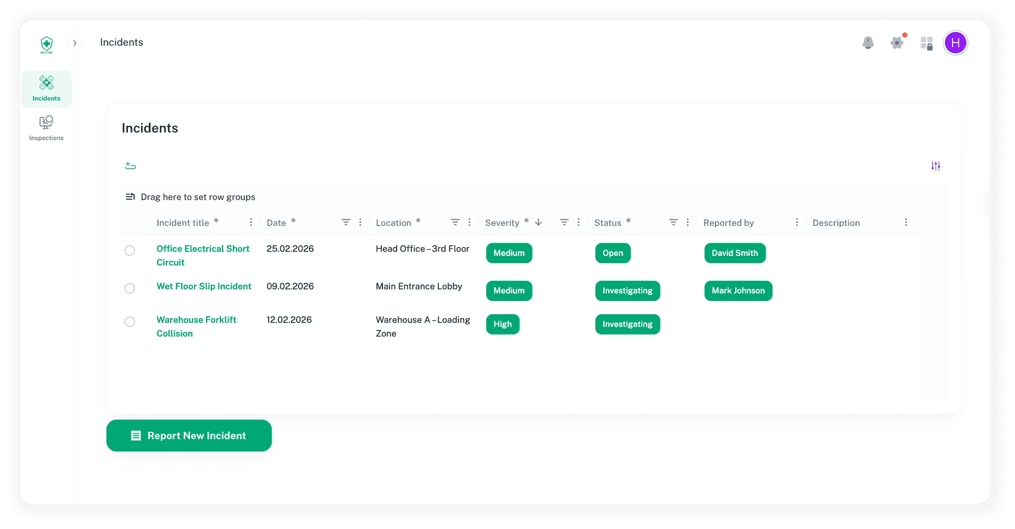Safety incident reporting application interface displaying incident details and inspection records