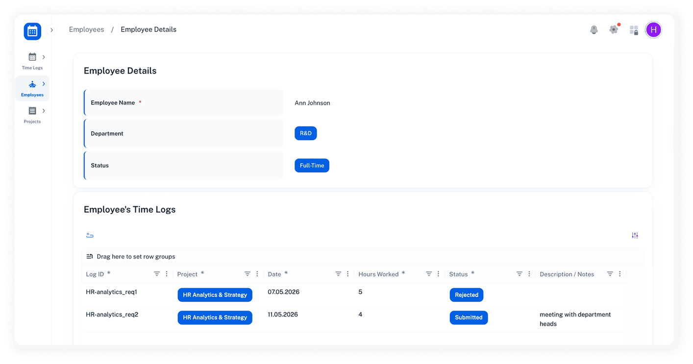Time tracking application interface showing time entries and project hours