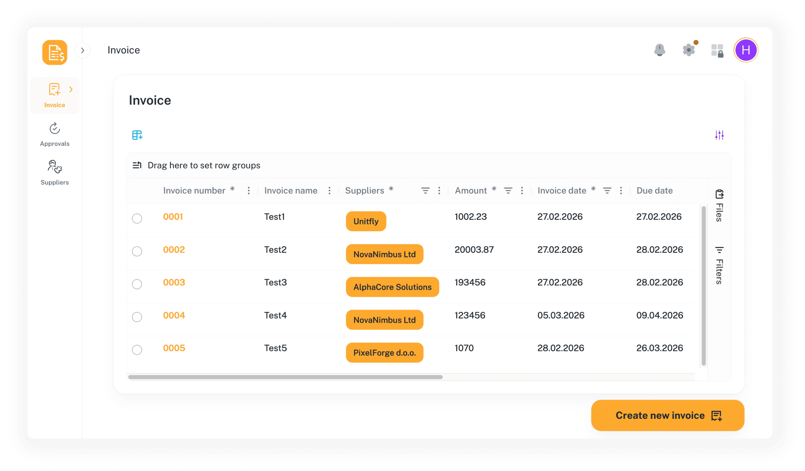 Invoice approval workflow dashboard showing invoice status and pending approvals