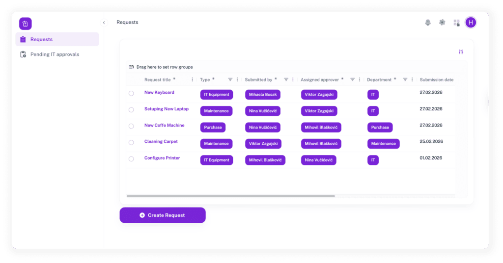 Internal request management dashboard showing request forms, approvals, and request status
