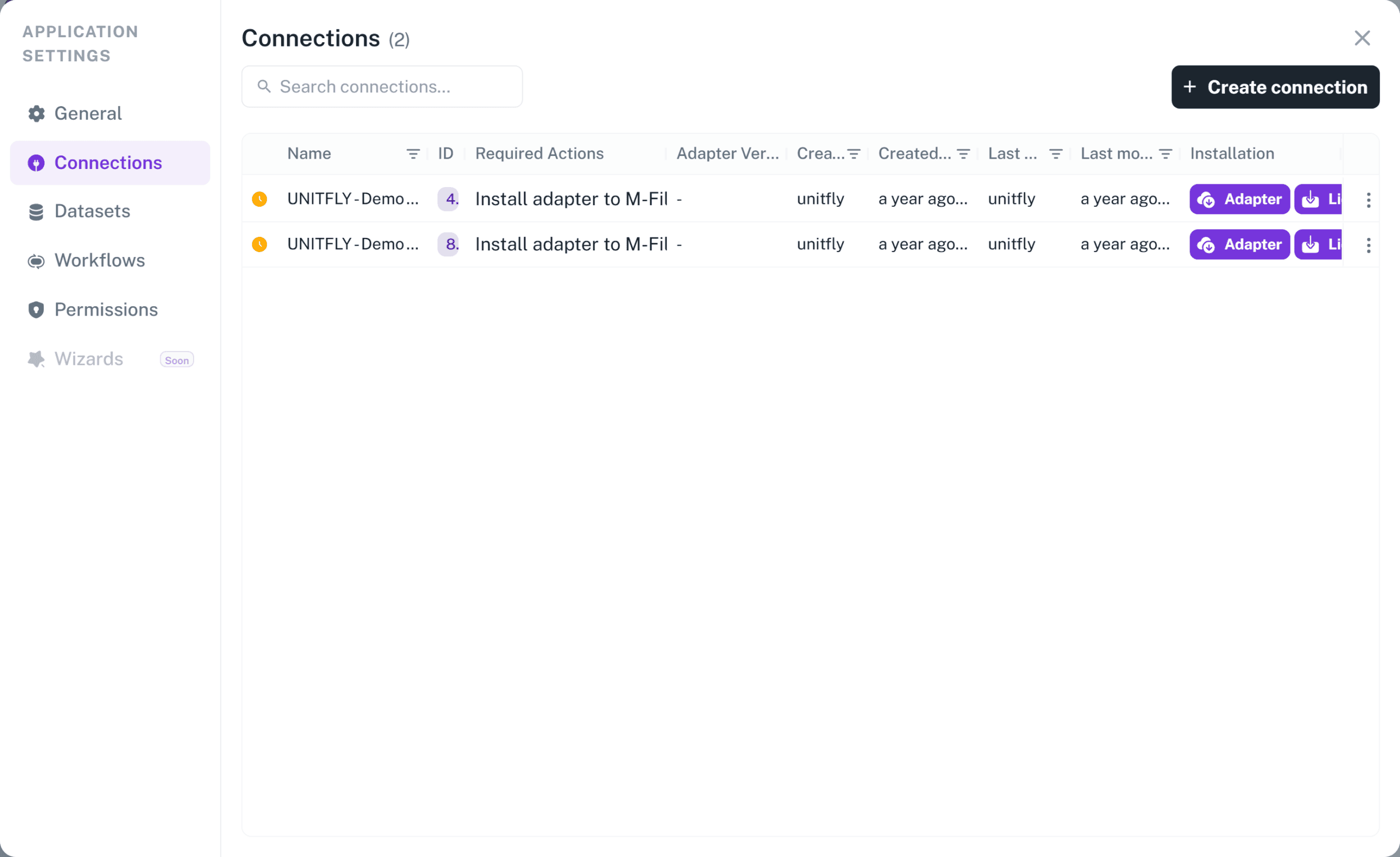 Screenshot: Application settings with the Connections tab open, showing the connection list with the Required Actions and Installation columns