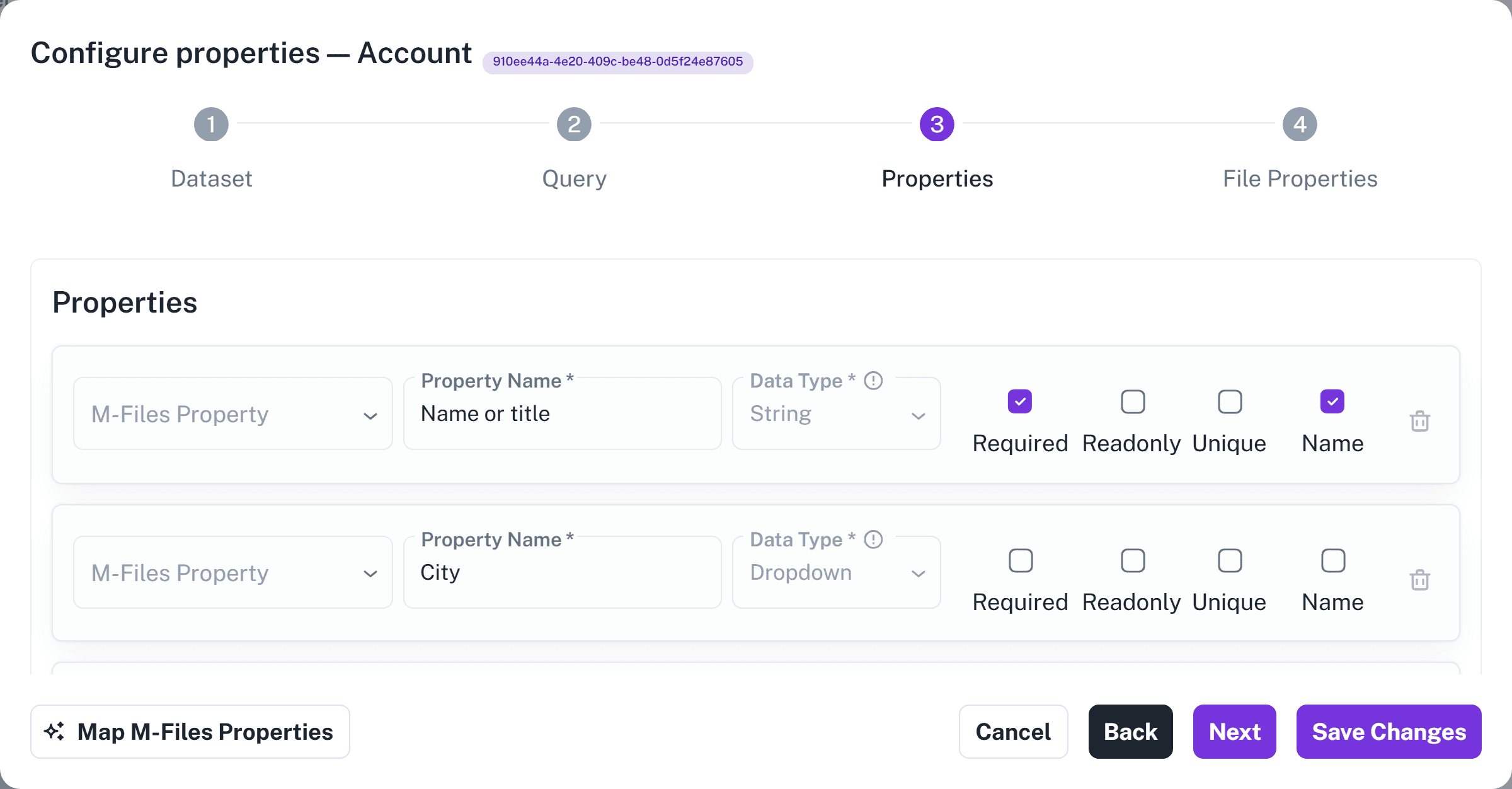 Screenshot: The Properties step of the dataset dialog, showing several property cards and the Add Property button