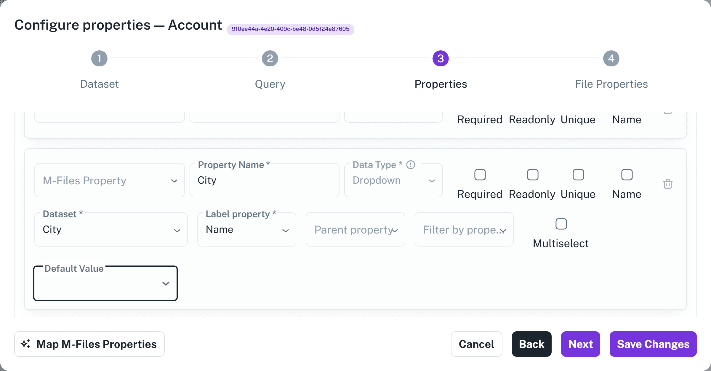 Screenshot: A Dropdown property on the Account dataset, with the Dataset and Label property fields filled in