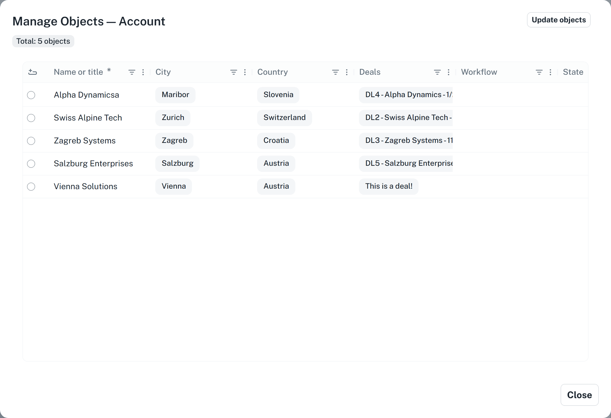 Screenshot: The Manage objects view for the Account dataset, showing the object table and the total count
