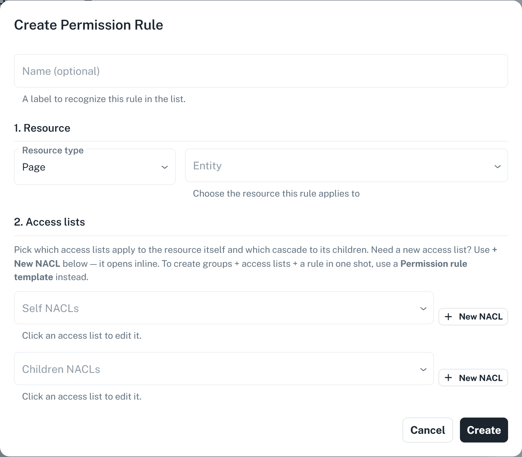 Screenshot: The permission rule dialog, showing the resource type, entity, and the Self and Children access list fields