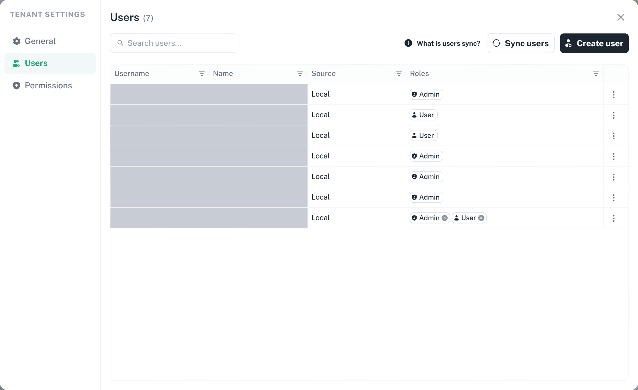 Screenshot: Tenant settings with the Users tab open, showing the user list with the Source and Roles columns