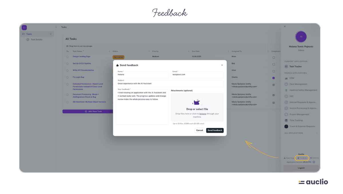 Support and feedback form in Auclio